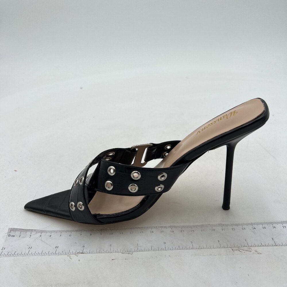 Wansseny Black Sexy Crossed Strap Open Pointed Toe Slip On Mules High Heel Shoes